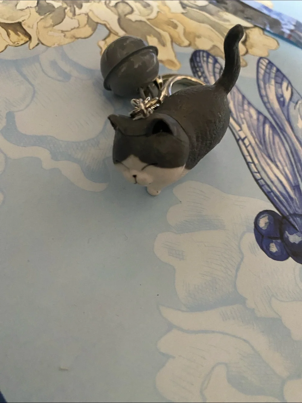 Cute Grey & White Cat Keychain with Bell and clasp